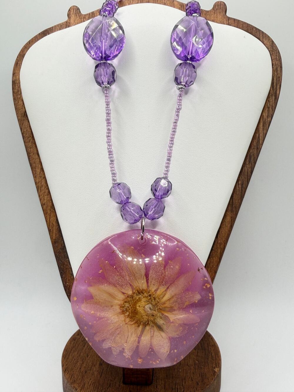 Handmade Pressed Flower Resin Statement Necklace | Purple Beaded Pendant